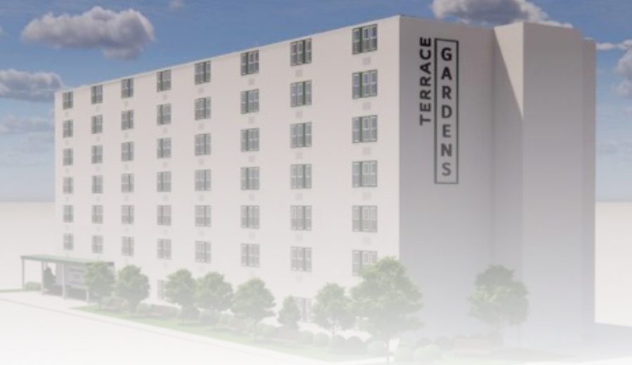 Exterior rendering of Terrace Gardens Apartments, a six-story building in Newark, Ohio